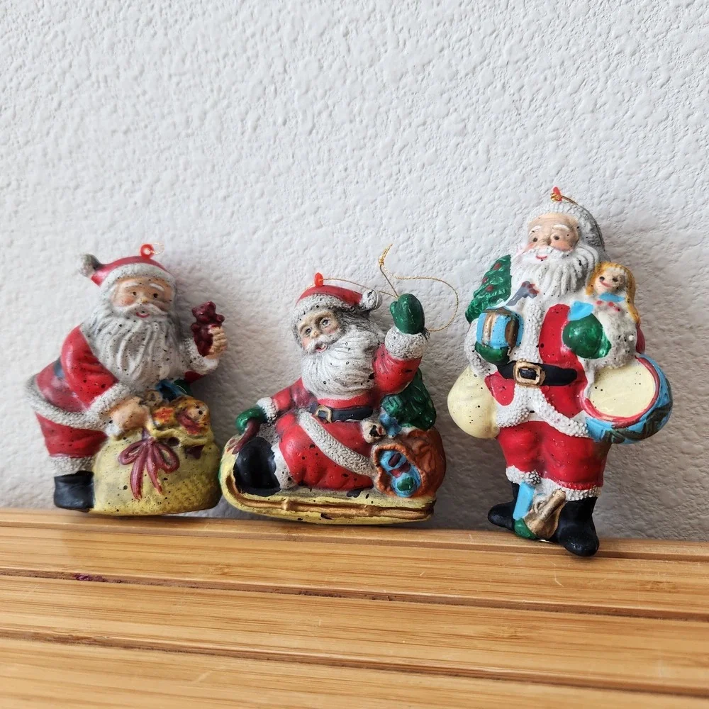 Vintage Blow Mold Plastic Santa Claus Ornament Christmas Holiday Figure Lot Of 3